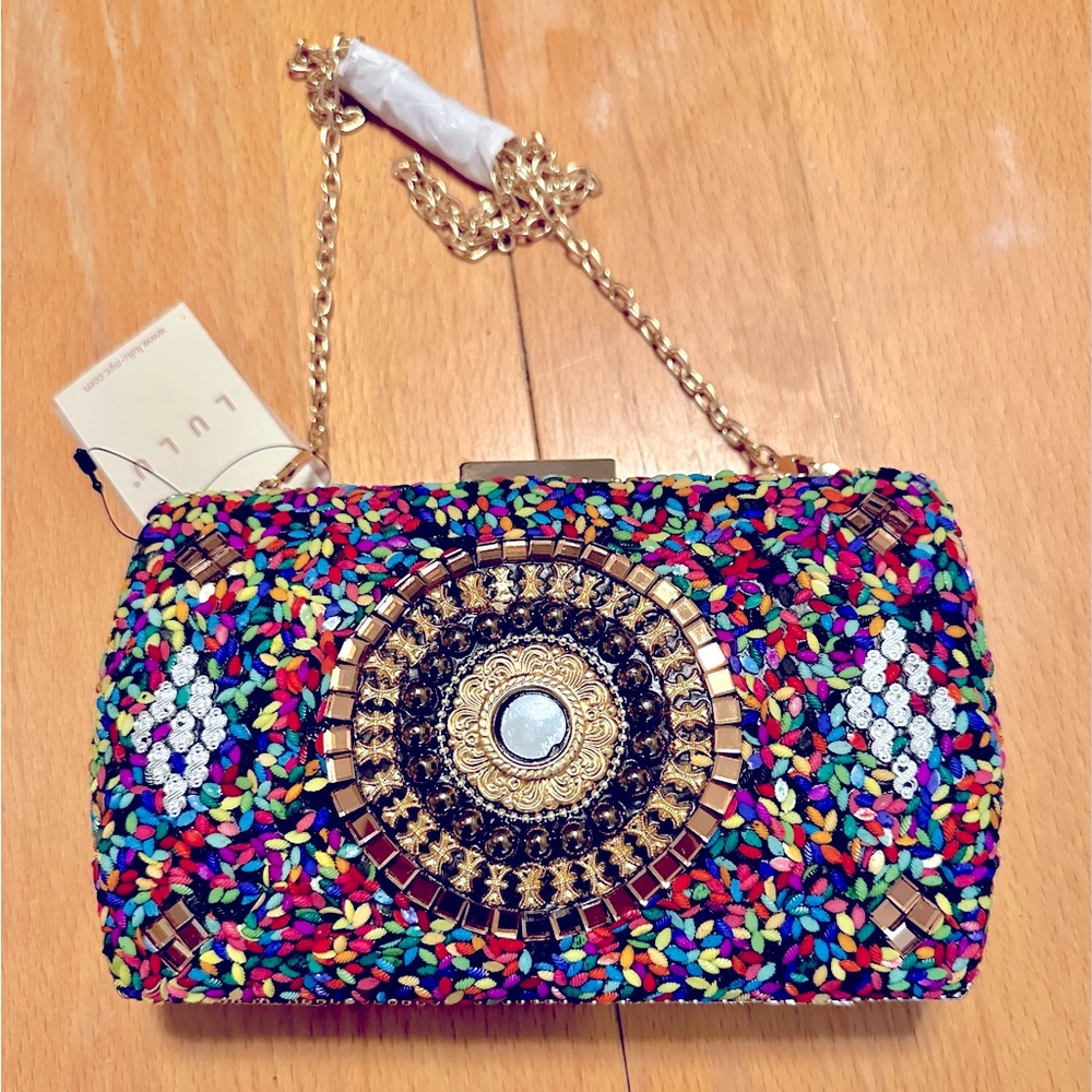 Lulu-NYC handcrafted beaded crossbody. Multicolor